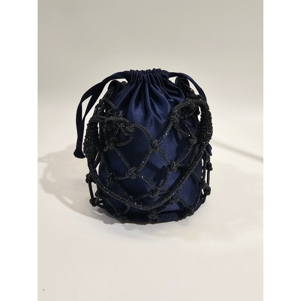 Judith Leiber Couture Sparkle Net Pouch Bag Bucket Navy Satin Mesh Evening EUC - Picture 11 of 13